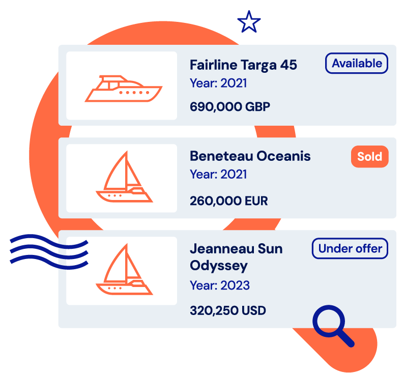 Stantia CRM features boat inventory management, allowing listing publication, engagement tracking, document storage, and team assignments.