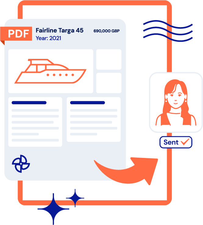 Stantia CRM PDF creator for generating branded brochures and window cards from boat listings to market boats effectively.